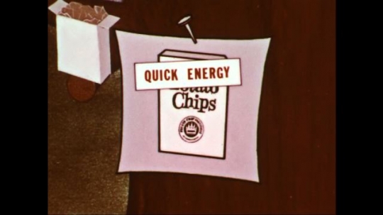 UNITED STATES: 1960s: cartoon poster pinned on tree. Quick energy label. Easily digestible label. Potato chips label.
