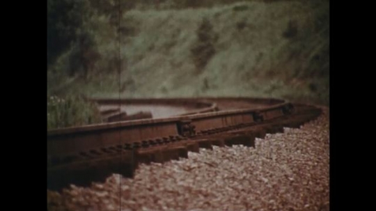 UNITED STATES: 1970s: train tracks in forest. Train travels along tracks. Ground view of train on tracks