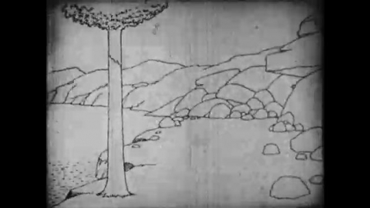 1910s: Animation, dinosaur walks out of cave, eats rock, eats tree. 