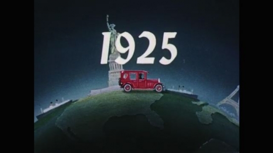 1950s: Animation. In 1925, car drives once around world, passing famous landmarks like the Statue of Liberty, the Eiffel Tower, the Pyramids and others. Today, a car can circle the planet many times. 