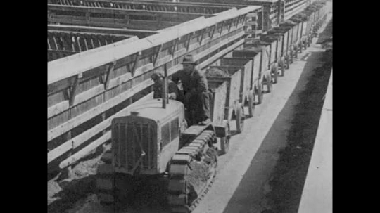 1920s: A man driving a tractor tows carts of manure through a stockyard. Intertitle.