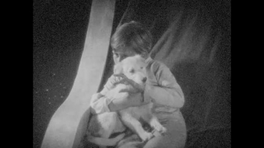 1920s: Boy holds dog tightly and waves arm.  Hand waves fingers at fire.  Hand covers boat.  Dog digs at bed.  Boy wakes up.