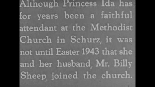 1930s: Intertitle reading Princess Ida attended Schurz Methodist Church with husband Billy Sheep. Ida and her husband in front of a worn trailer. Intertitle about the diet of the early Paiute people. 